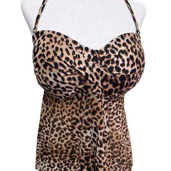 Y2K 2000s Leopard Print Mesh Halter Tankini Swimsuit Top - Picture 3 of 4